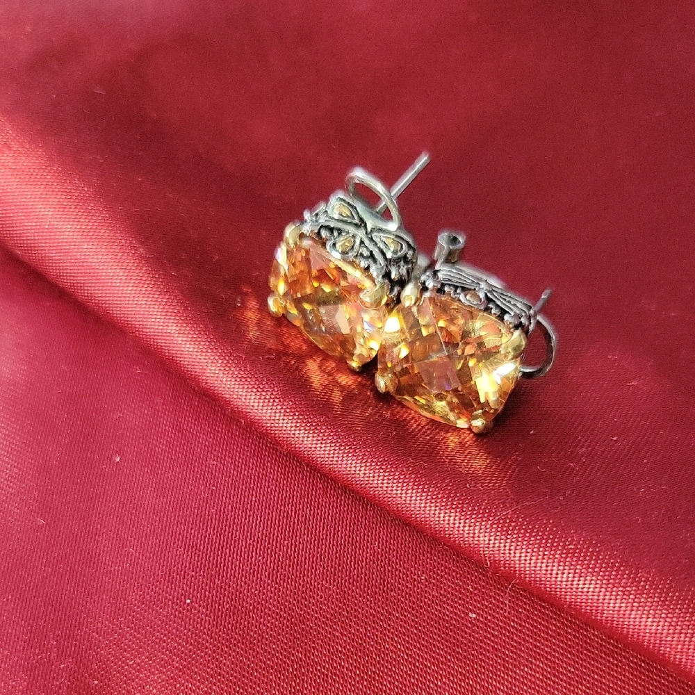 Extra Blingy, Baroque Set Cushion Cut Golden Crystal Stud Earrings